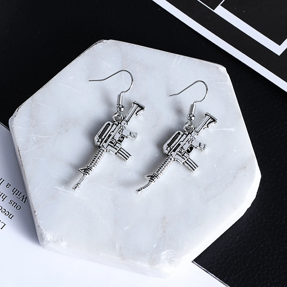 Creative Punk Earrings 925 Silver Needle Dangle Drop Earring Cool Rose Pistol Gun Blade Handcuffs Toothpaste Hook Shaped Earring