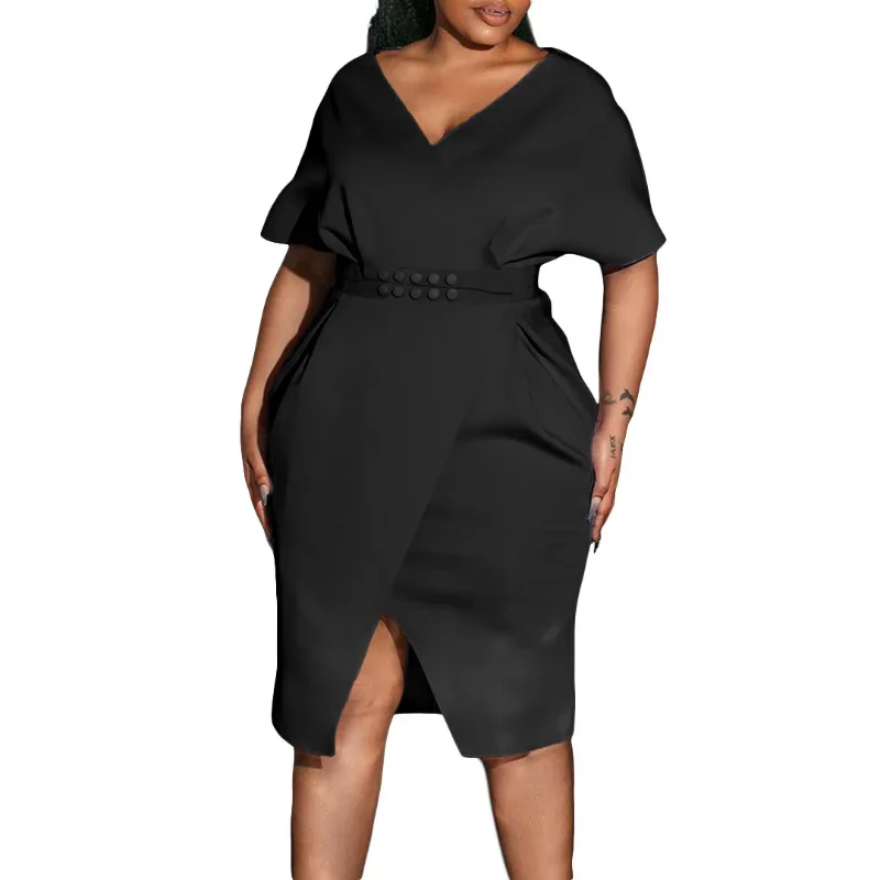 Summer African Dresses for Women 2024 Elegant African Women Midi Dress Sexy Short Sleeve Robe Femme Africa Clothing with Belt