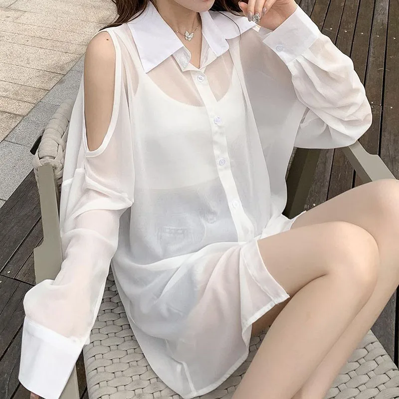 Fashion Lapel Spliced Hollow Out Pockets Off Shoulder Shirt Female Clothing 2023 Autumn New Casual Tops Office Lady Blouse