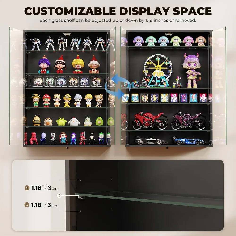 6-Tier Wall Display Case with LED Lights, Glass Doors, Adjustable Shelves, Black view 6