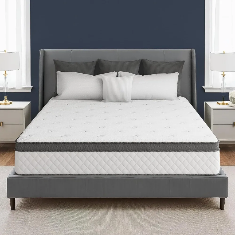 クイーンマットレス、10インチミディアムハイブリッドジェルメモリーフォームマットレス（ポケットコイルと竹炭入り）、フルサイズマットレス