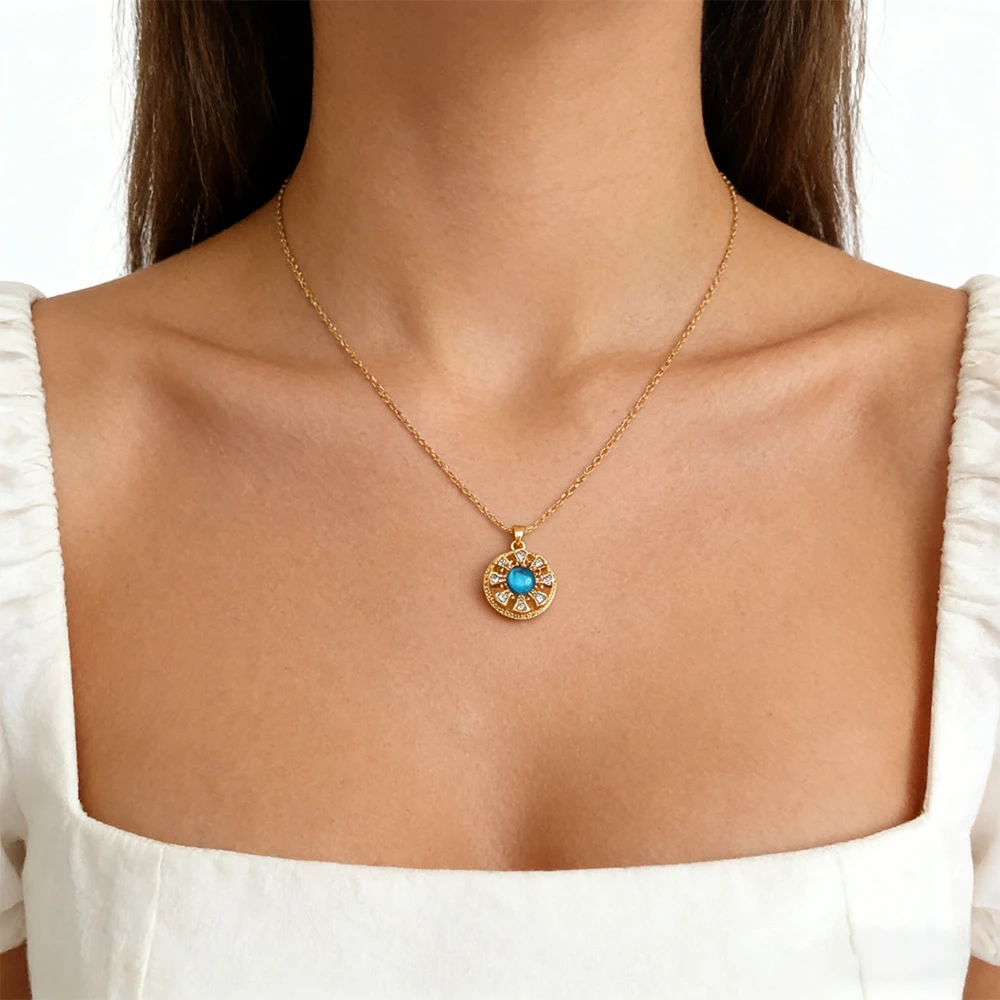 Blue Sunflower Cz Pendant Necklace Women Ornate Sunflower Chain Layered Styling Everyday Wear Special Occasion Sparkle Jewelry