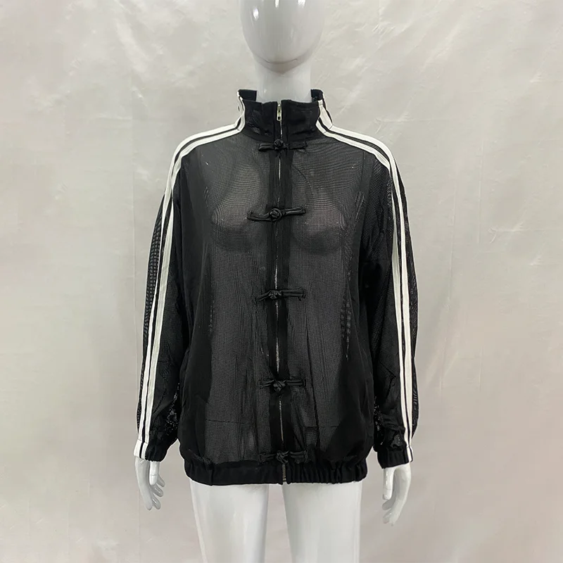 Damen-Mesh-Sweatshirt-Jacke mit Reißverschluss, Stehkragen, Kontraststreifen, Langen Ärmeln, Froschknöpfen, Lockerer Passform, Y2K-Streetwear – Detail 19