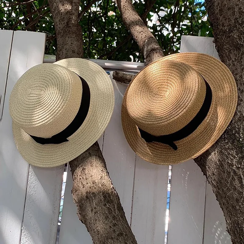 sun protection, sun shading, straw hat, British retro European and American bow tie, flat top small top hat, beach hat