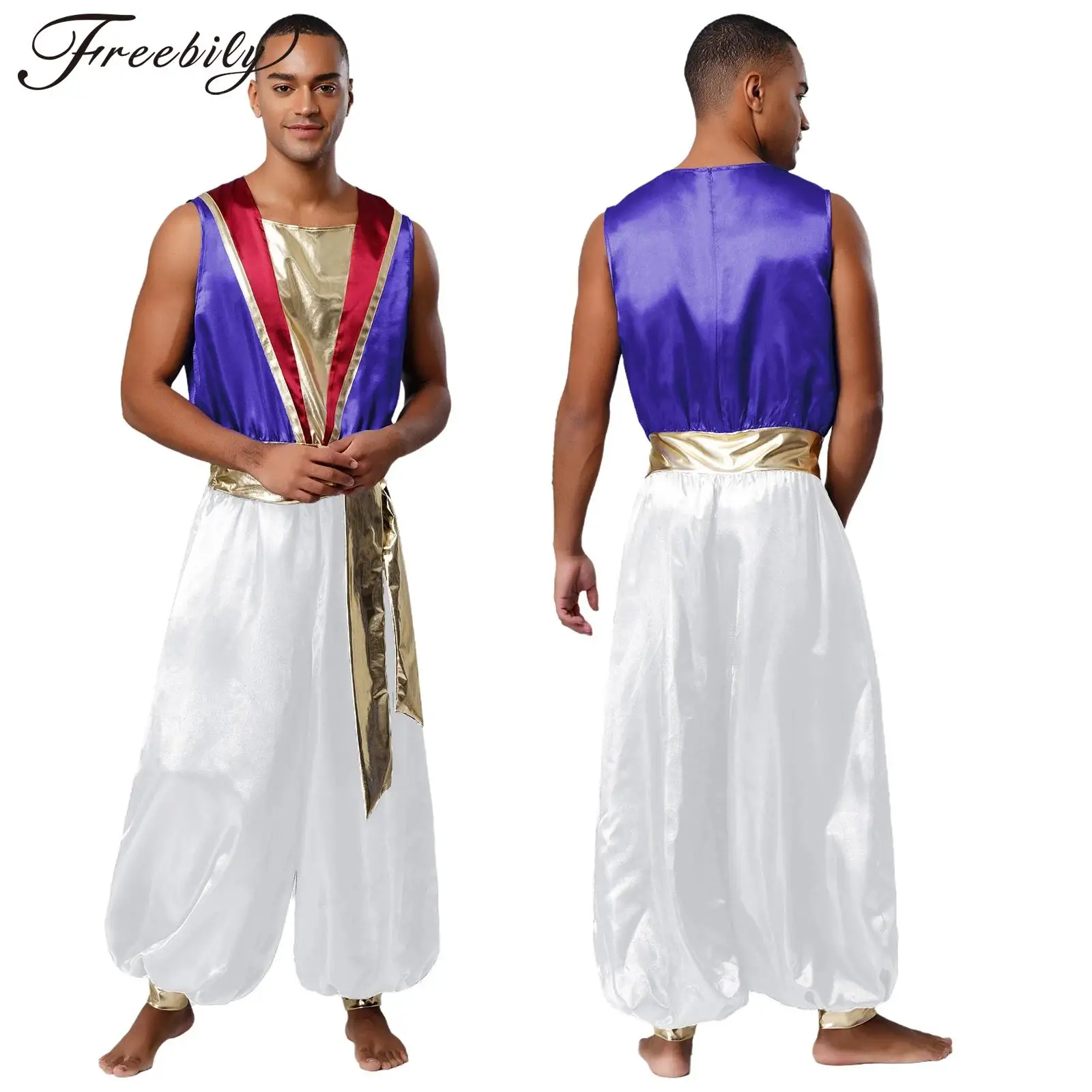 

Мужской костюм арабского принца на Хэллоуин, карнавальный костюм без рукавов на молнии, металлический атласный комбинезон с поясом, арабская сказка, нарядная одежда