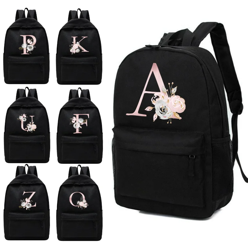 

Women School Backpack Black Canvas Bagpack Female Anti Theft Rucksack Casual Travel Backpacks Pink Flower Letter Lady Pack 2024