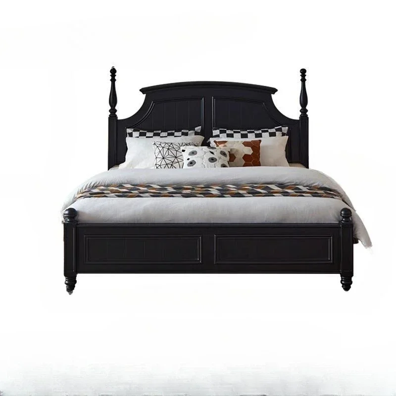 Solid Wood Bed Black French Vintage Rustic Simple Master Bedroom Furniture Double Bed