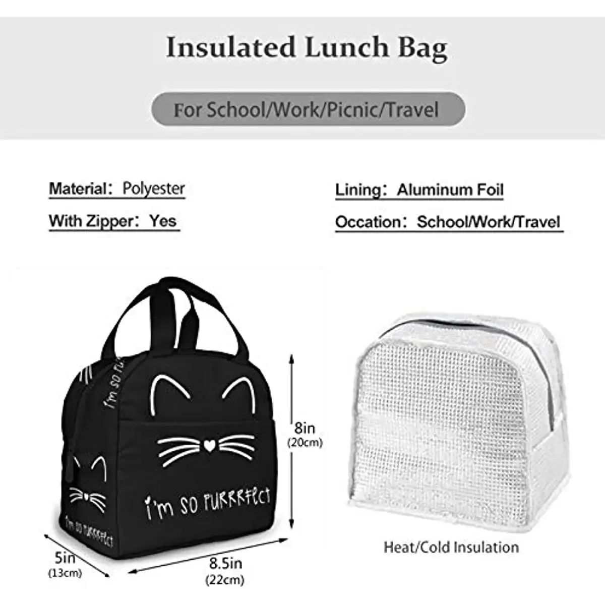 Black Cat Lunch Bag for Women Insulated Lunch Box with Front Pocket for Work Reusable Cooler Tote Bag for Office School Picnic