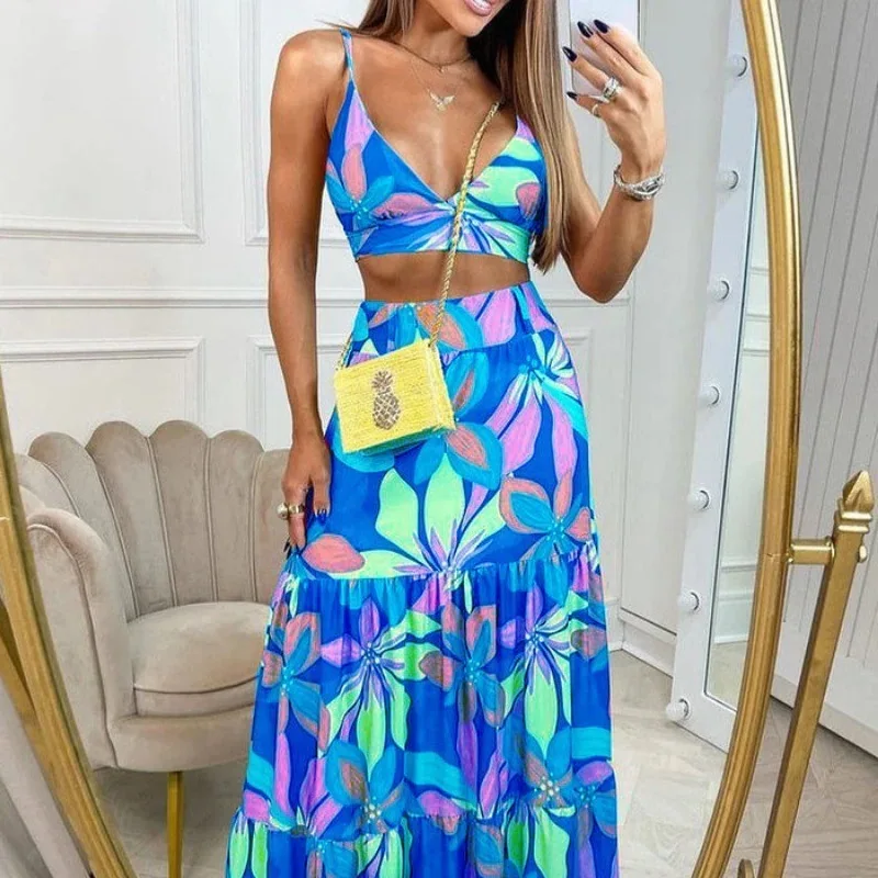 Women\'s V-neck Strap Printed Dress Set Women\'s Two Pieces Suit Robe Full Set Female Outfit Clothes Summer Holiday Style