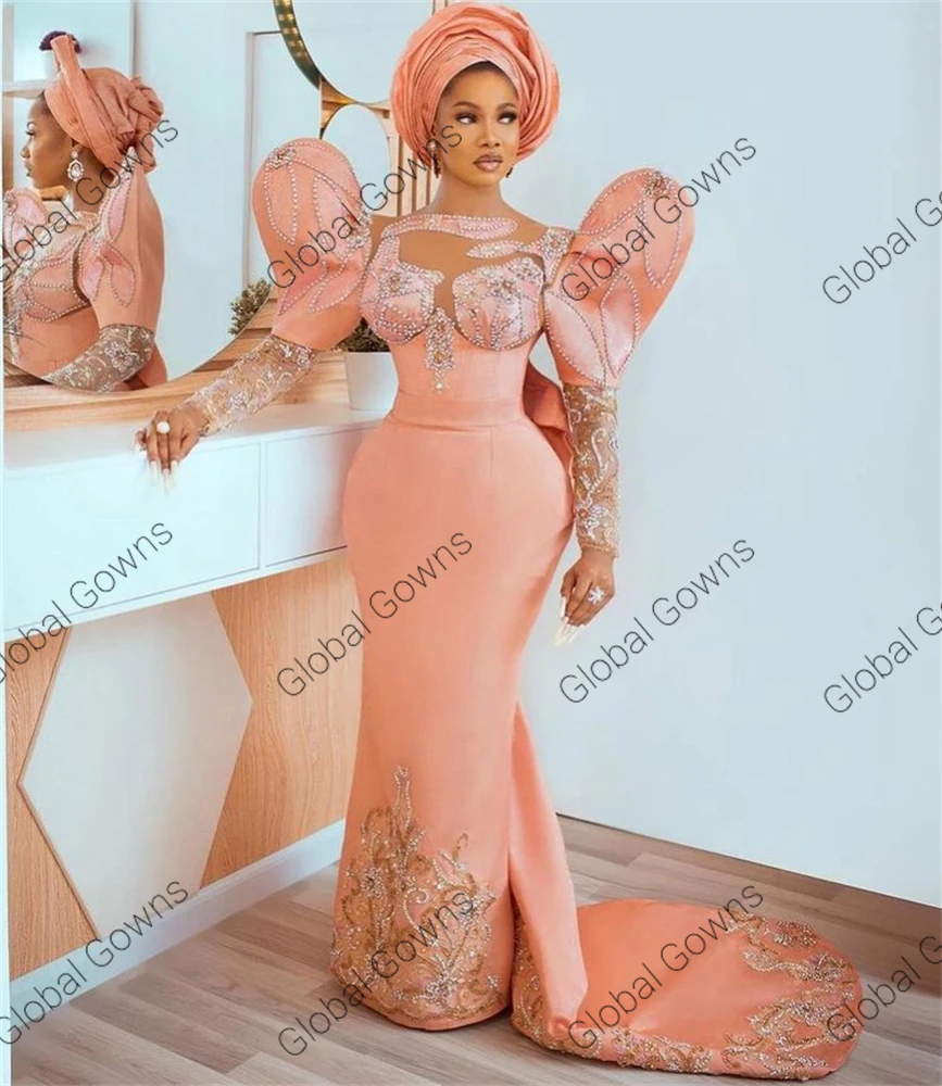 Aso Ebi African Pink O Neck Evening Dresses For Black Girls 2024 Lantern Sleeve Birthday Party Gown Beaded Appliques Customized