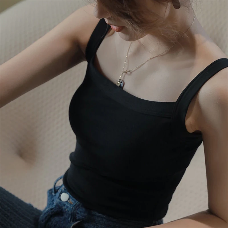 Nadafair Sleeveless Sqaure Collar Crop Top Women Tank Tops Casual Basual Skinny Camis Summer White Black T Shirts Sexy B3104