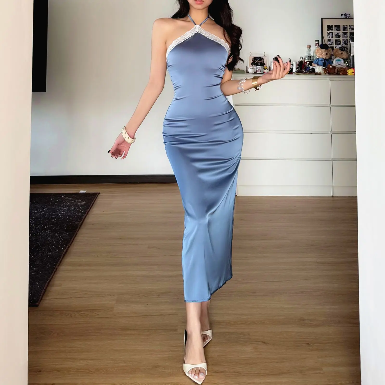 Combhasaki المرأة الدانتيل متابعة الرسن الرقبة أكمام الأزهار الدانتيل تقليم المرقعة Bodycon الحرير الساتان عارية الذراعين كامي زلة فستان طويل #4