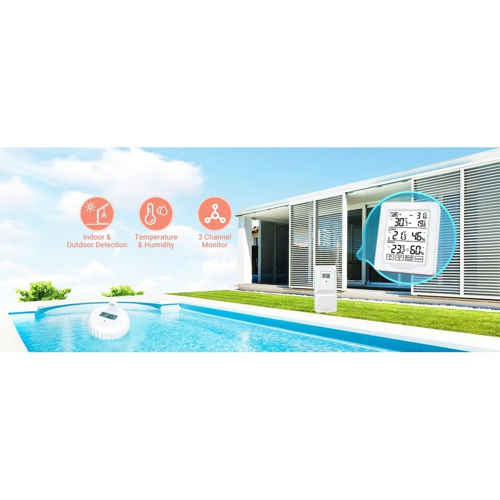

1set Digital Pool Thermometer IP68 Waterproof Probe Wireless Dual Temperature Units Thermometer For Swimming Pools