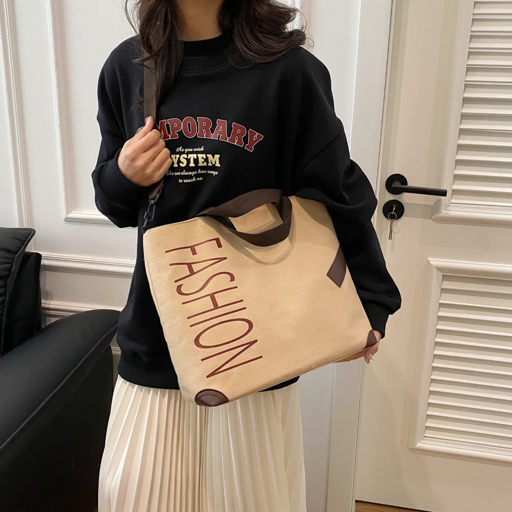 Letter Print Canvas Tote Bag, Large Capacity Handbag for Women