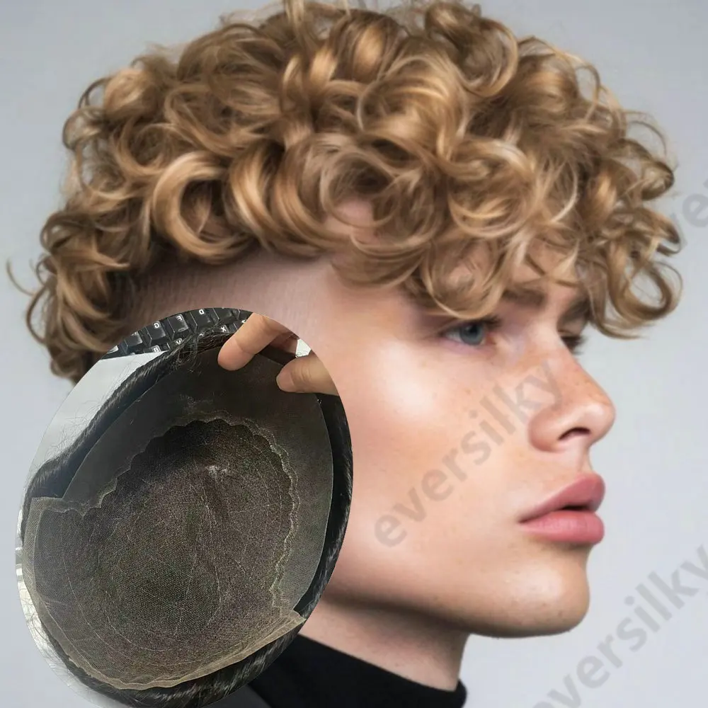 25 mm lockiges, hellbraunes, blondes Q6-Toupet mit unsichtbarer Haarlinie, Lace-Front und PU-Bleach-Knoten, für Herren, graue Echthaarprothese – Detail 3