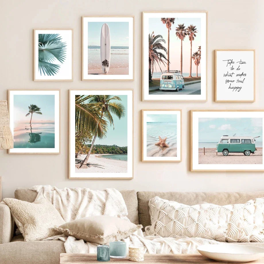 Seascape Scenery Picture Silk Painting Wall Art Blue Beach Landscape Coconut Tree Poster and Print for Modern Home Decor