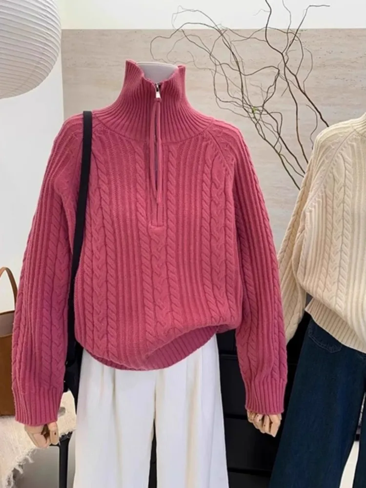 سترة نصف سحاب برقبة عالية للنساء في الخريف والشتاء، مع ياقة برتقالية يقطين وبلوزة فضفاضة سميكة