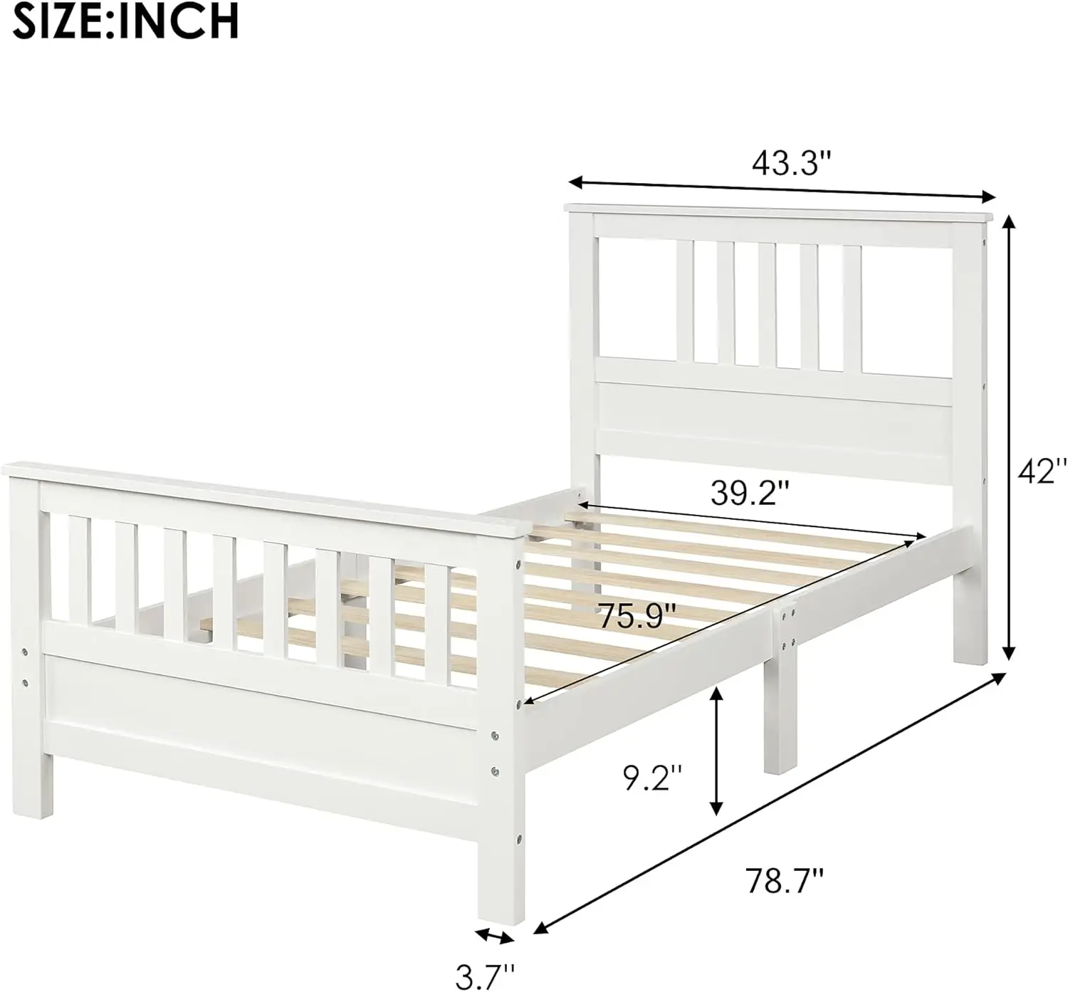 Twin Size Platform Bed with Headboard and Footboard, Wood Bed Frame with Support Legs, Single Bed Frame for Kids Bedroom, White