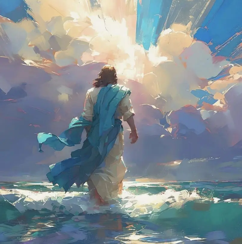 Holy Figure Walking on Waves Diamond Painting, Radiant Heaven Cloud Divine Light Scene, DIY Art for Bedroom Wall Decor & Gift