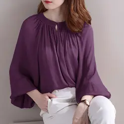 Moda tripulação pescoço lanterna manga primavera outono oversized chiffon blusa solta casual manga comprida comutar camisa de roupas femininas