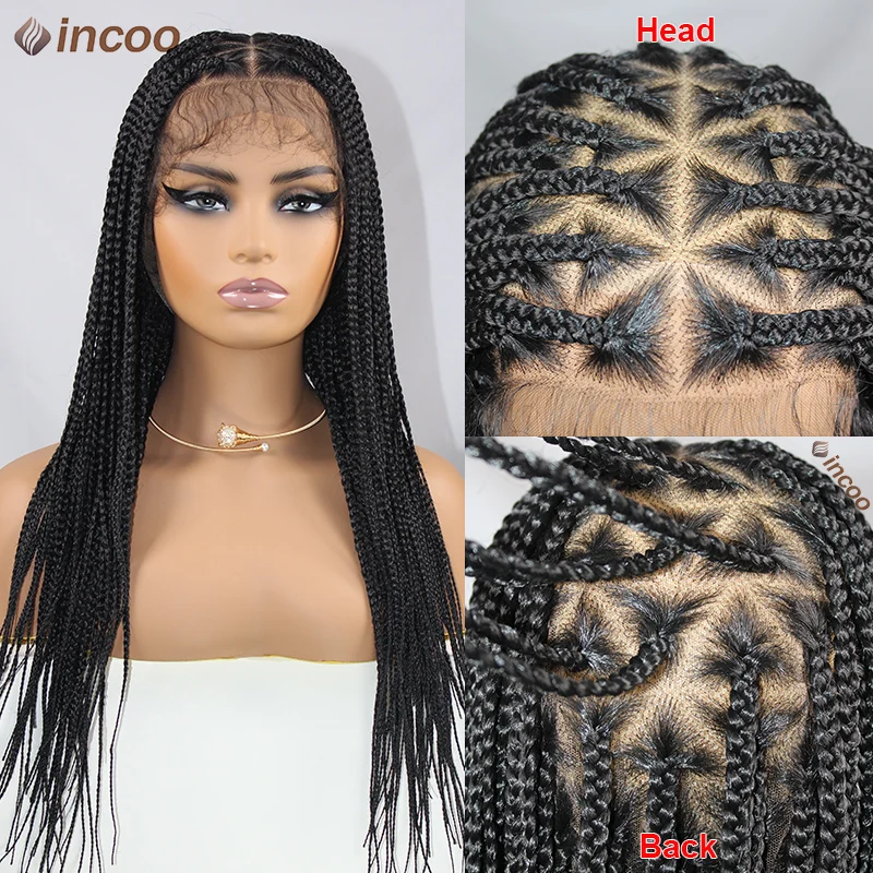 Incoo New Synthetic Lace Frontal Box Braided Wigs For Black Women 26 Inches African Cornrow Braids Knotless Triangle Box Braids