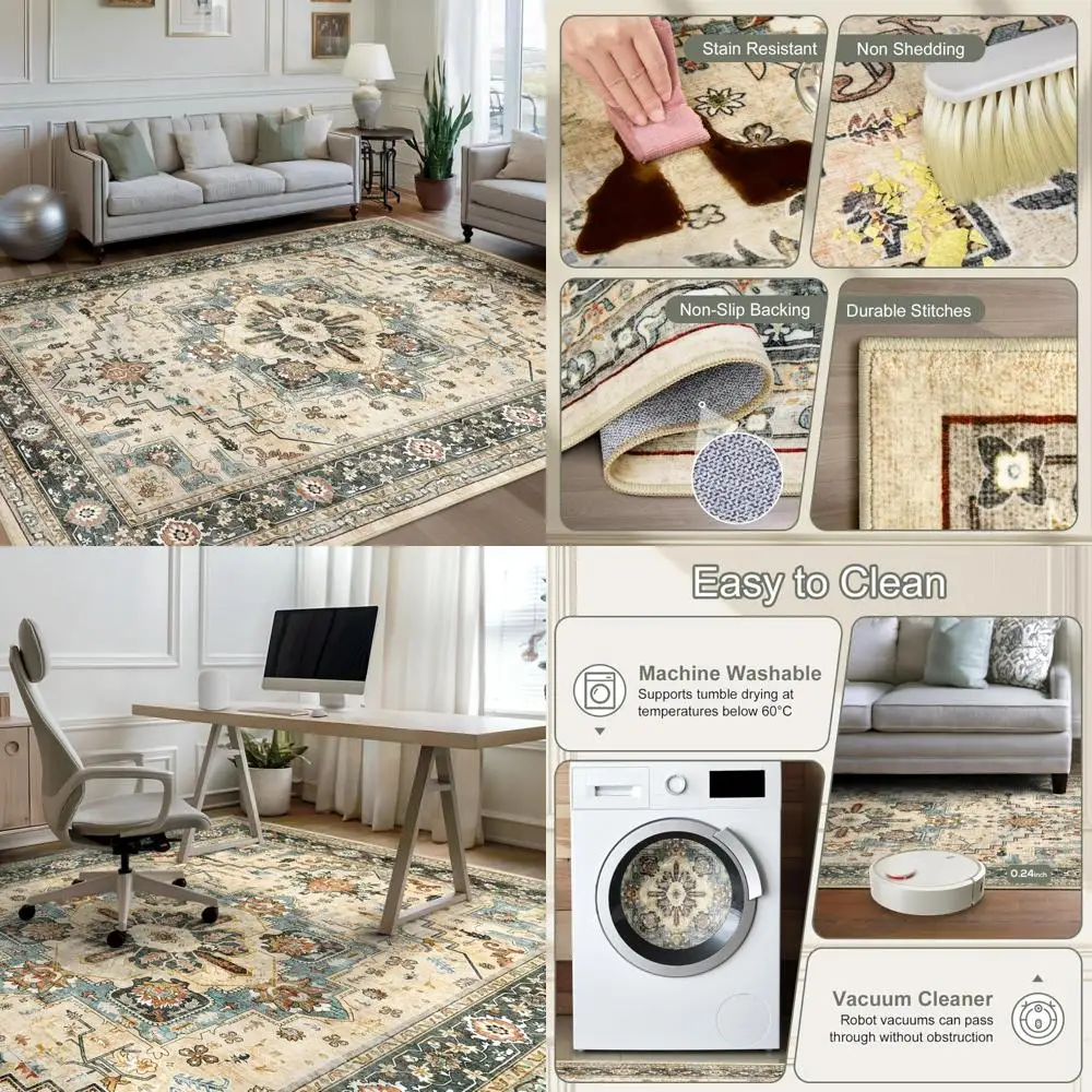 

Large Washable Vintage Oriental Area Rugs for Living Room, 9x12, Soft Low Pile with Non-Slip Backing