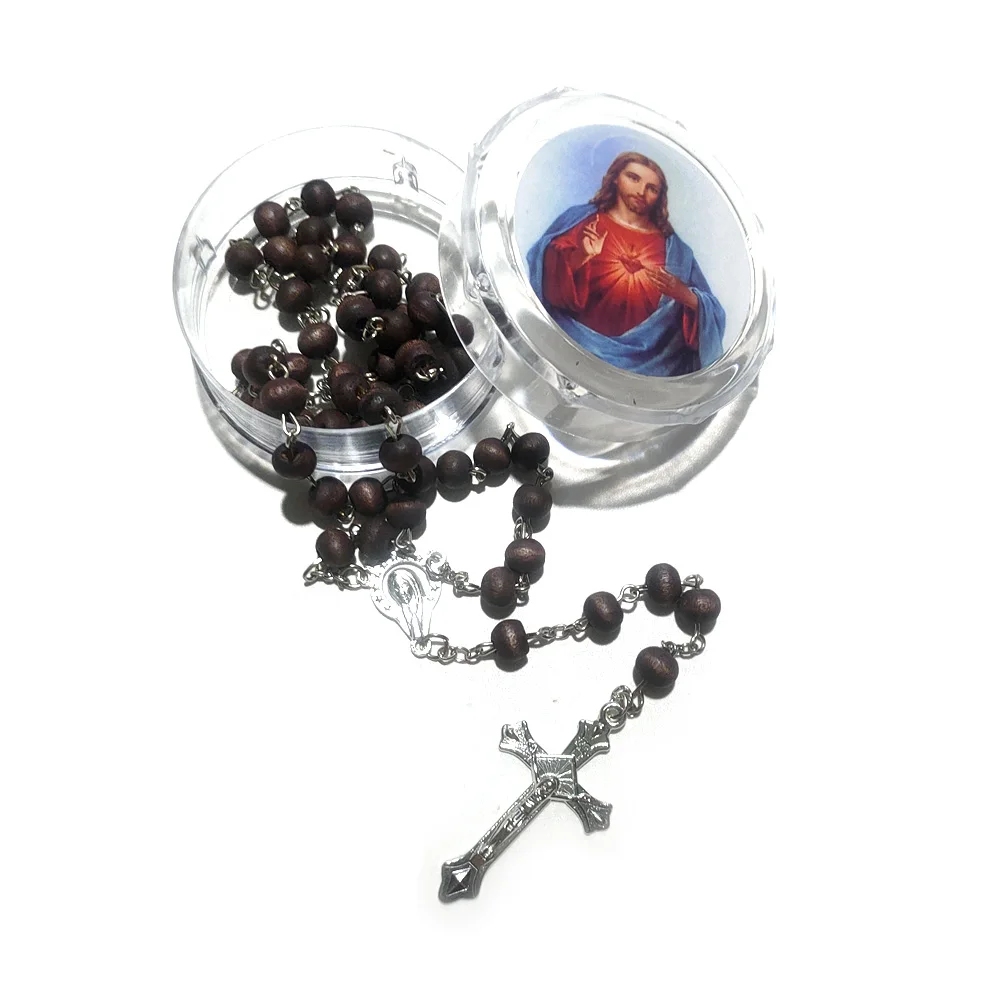 QIGO Wood Beads Cross Pendant Necklace Long Rosary With Box Religious Jewelry Red Black Brown