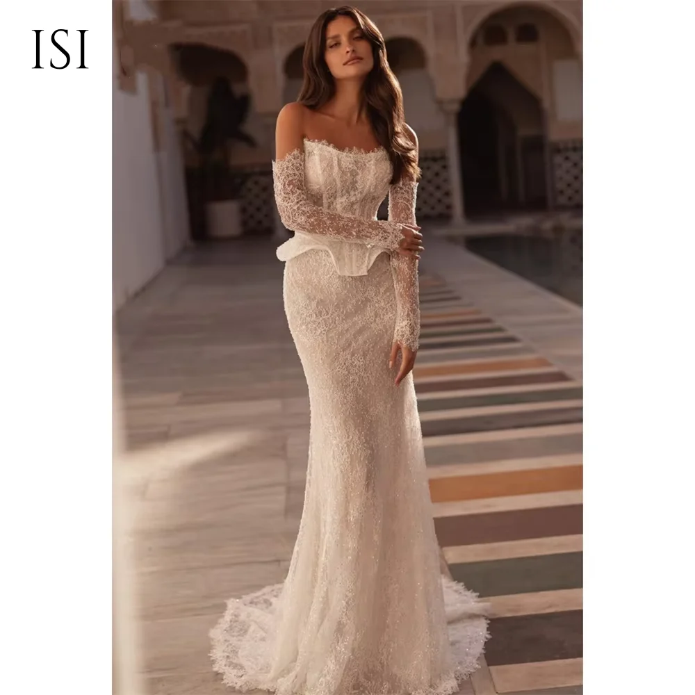 ISI Customized Modest Beaded Lace Wedding Dress Corset Remove Sleeves Tiered Mermaid Luxury Bridal Gown Vestido De Novia 2026
