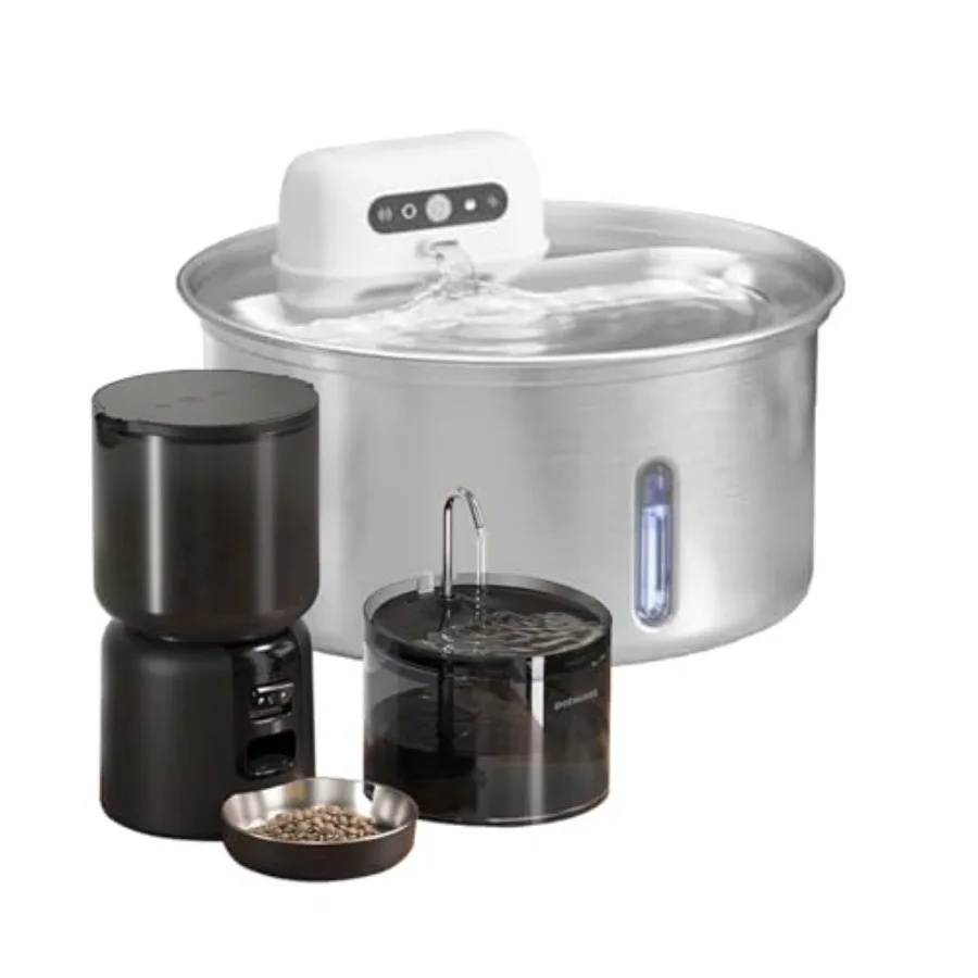 

Smart Automatic Cat Feeder and Waterer Set with 4L App-Controlled Feeder 2MP Camera WiFi Anti-Clog for Mixed Food 2.2L Filtered