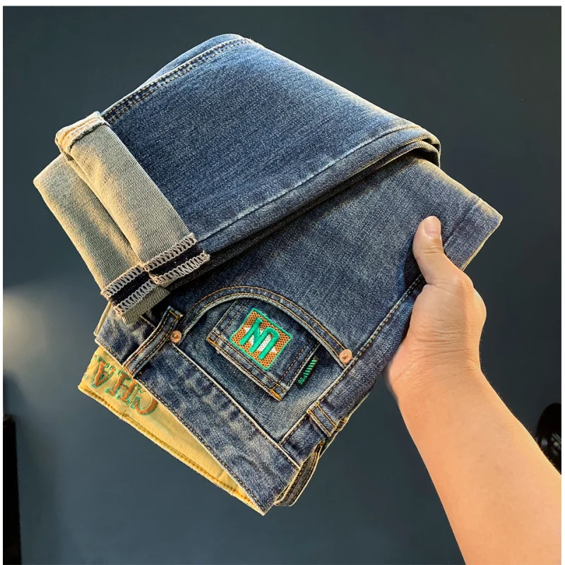 고급스러운 남성 청바지 트렌드 프린트 신상 가을 남성 의류 캐주얼 슬림핏 레트로 블루 팬츠