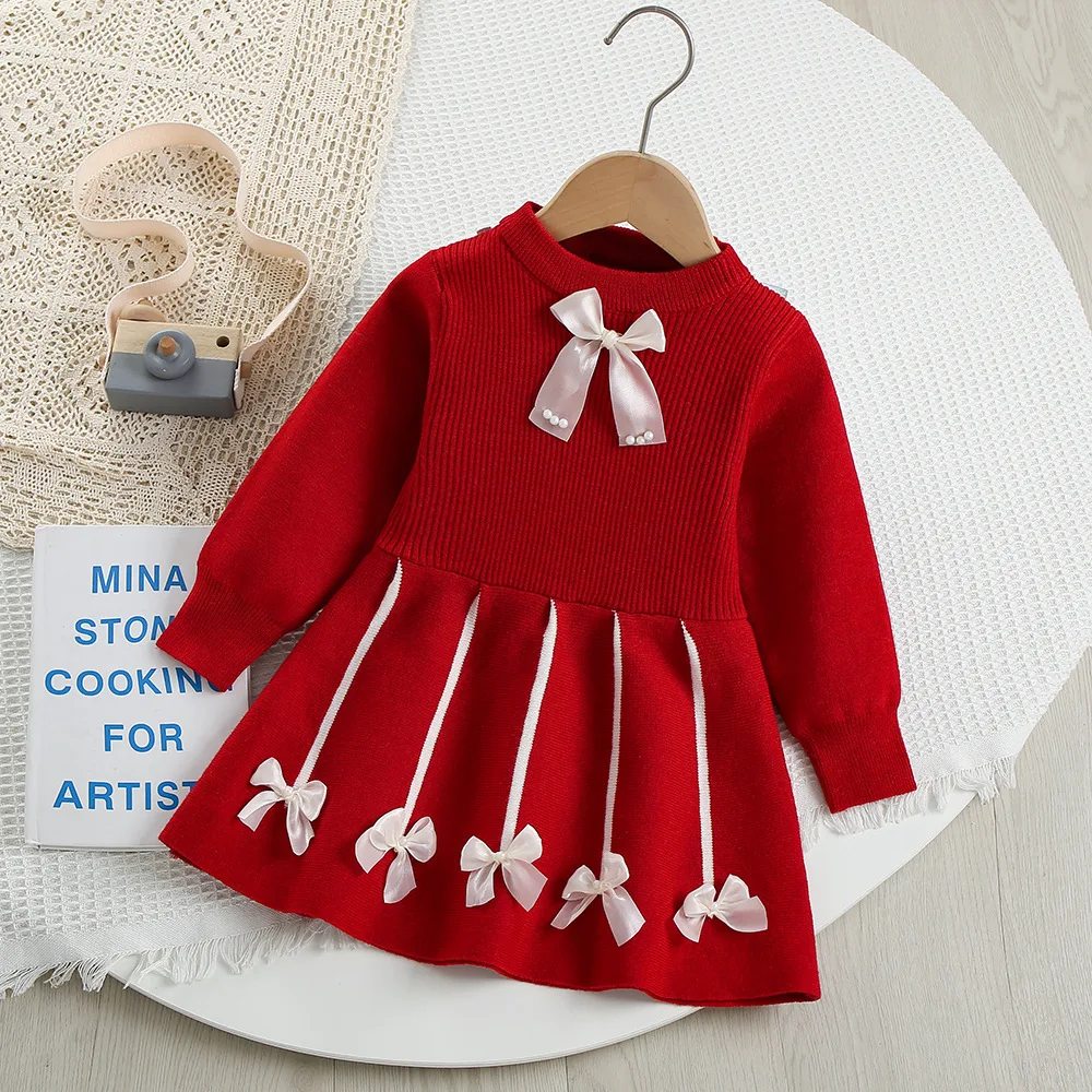 Autumn/Winter Kids Baby Thick Warm Sweater Frock Baby Girls' Knitted Dress Fashion Round Neck Bow A-line Princess Dresses