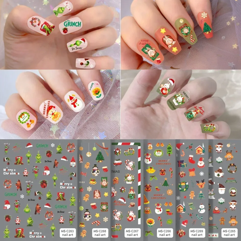 Nail Stickers Christmas Gingerbread Man And Tree Grinch Manicure Sticker Nail Decal Nails Accessories Supplies For Professionals