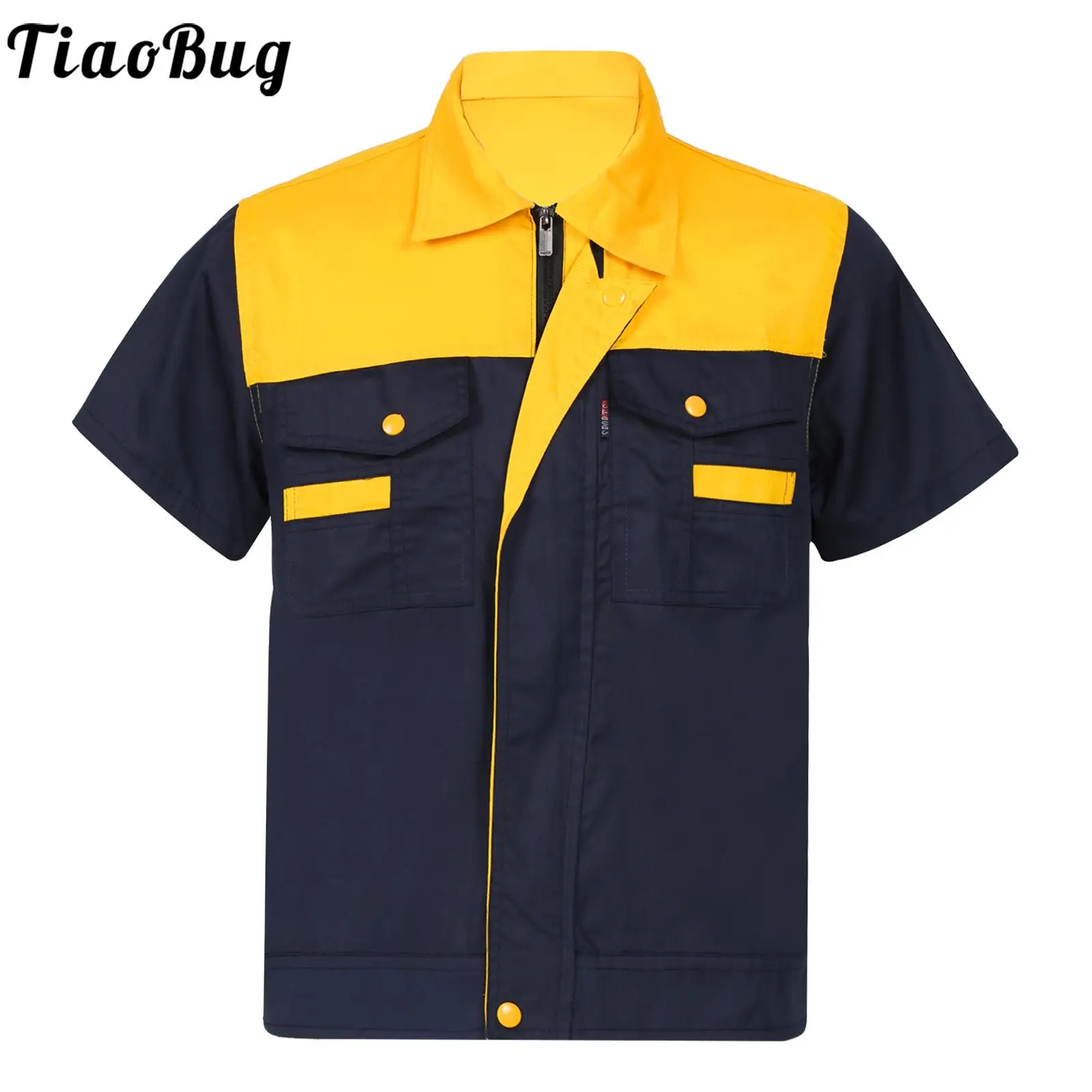 

Workshop Industrial Uniforms Mens Color Block Short Sleeve Work Shirt Man Turn-Down Collar T-shirts Cost Motor Mechanic Uniform