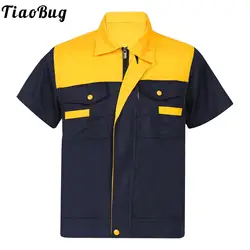 Workshop Industrial Uniforms Mens Color Block Short Sleeve Work Shirt Man Turn-Down Collar T-shirts Cost Motor Mechanic Uniform