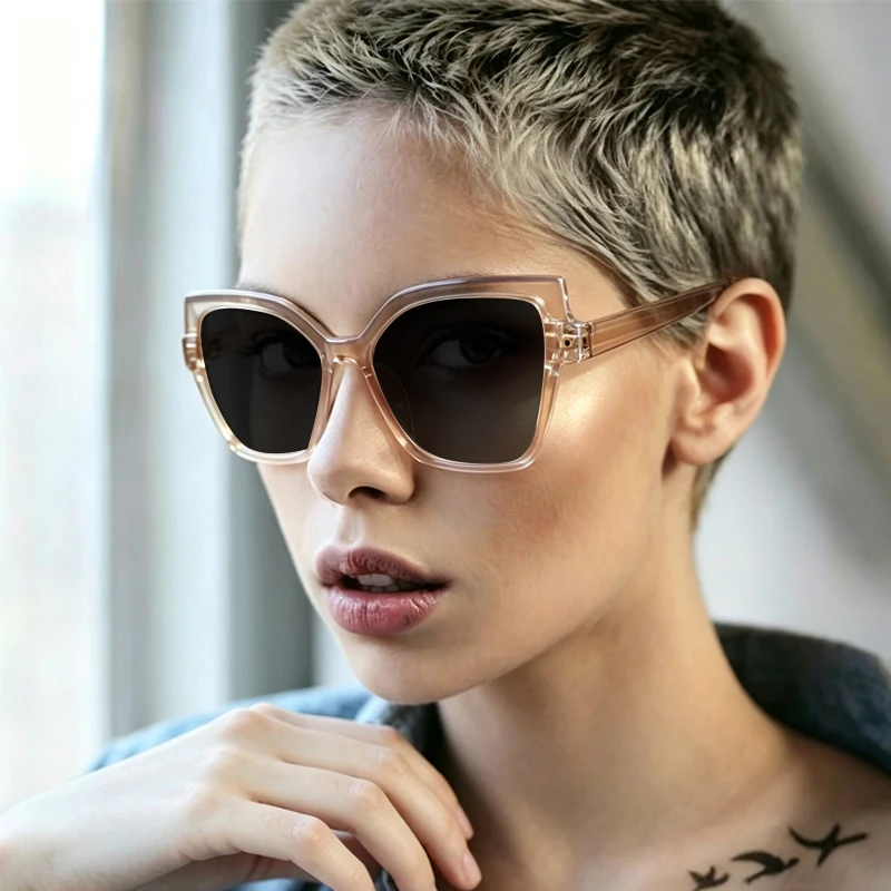 Double Layer Frame Cat Eye Sunglasses for Women Two-tone UV400 Sun Glasses Oversized Square Anti Glare Eyewear Shades Streetwear