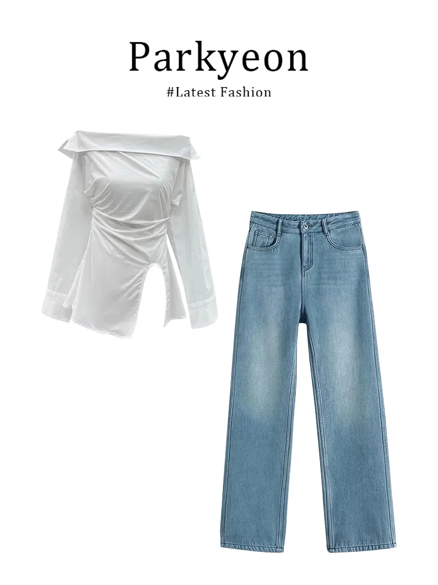 

Parkyeon Korean Style Simple Fashion Set with One Shoulder Long Sleeve Slimming Jeans Two-Piece Suit for Young Women