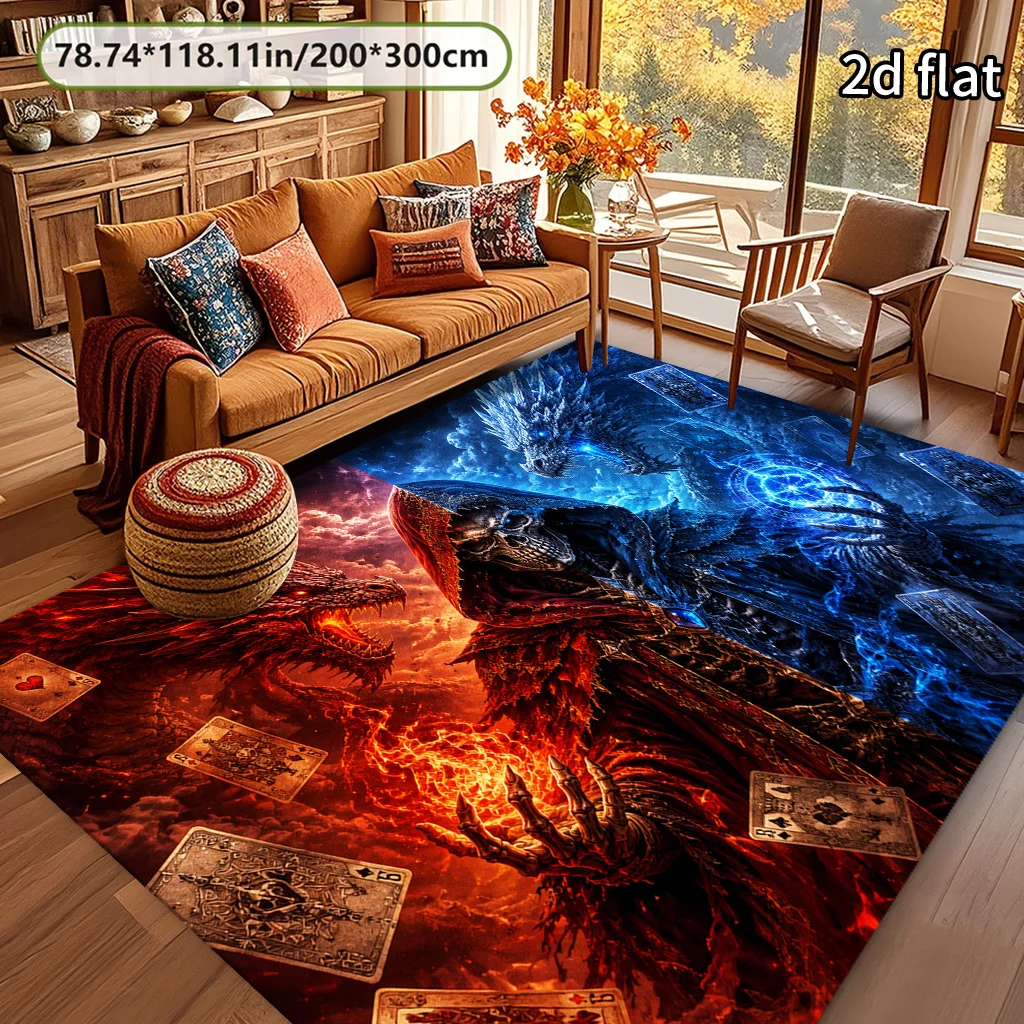 2D Flat  Fantasy Two‑Tone Dragon & Skull Print Living Room Area Rug, Large Soft Non‑Slip Washable Easy‑Clean Home Decor Mat