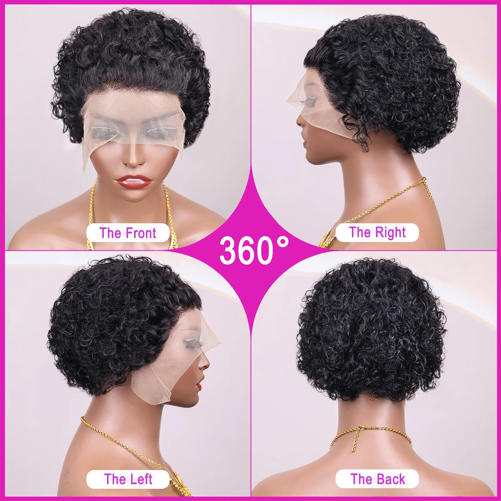 ピクシーカットウィッグ人毛チョコレートブラウンハイライトバーガンディカーリーボブウィッグ13x1HDレースフロントウィッグディープウェーブショート格安ウィッグ