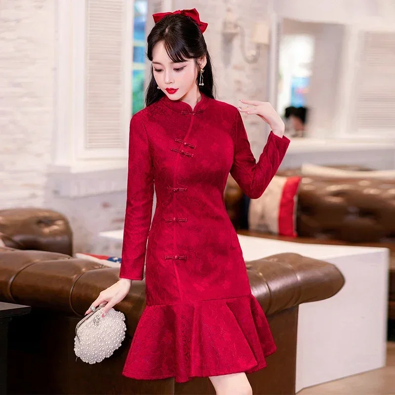 

Modern Improved Long Sleeve Red Cheongsam Party Swing Dress Traditional Chinese New Year Qipao Clothes Plus Size 4XL