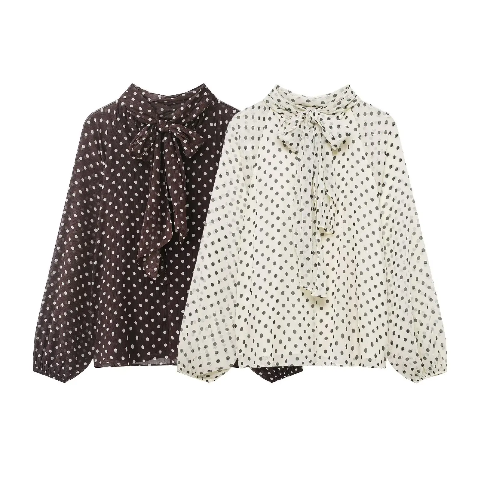 

Women's Elegant Casual Shirt Winter Fashion Versatile Blouse Ribbon Collar Bow Decor Polka Dot Top Single-Breasted Chiffon Shirt