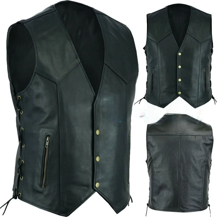 

Summer 2024 Men's Leather Vest Single Row Button Side Zipper Belted ort Top Coat Breathable Moisture ng Zipper ket