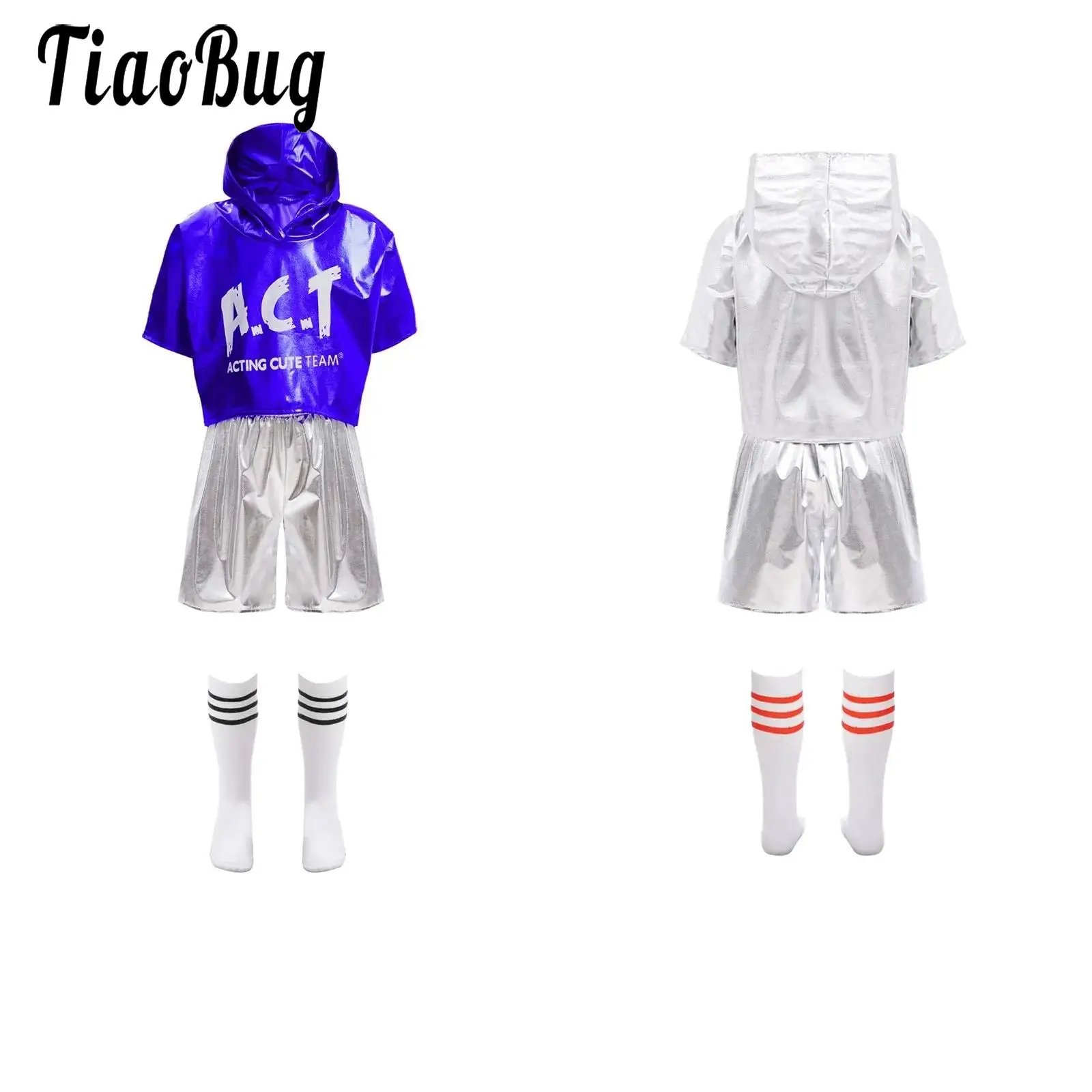 

Boys Girls Dance Costume for Street Hip Hop Modern Dance Stage Performance Sets Metallic Hooded Tops with Skirt Shorts And Socks