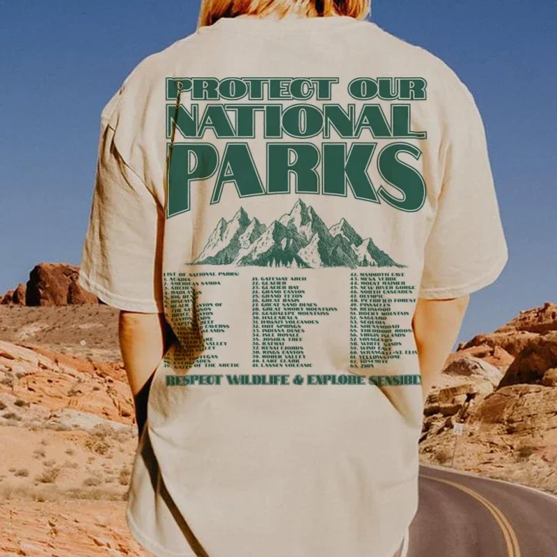 Women Vintage National Parks Back Print T-Shirts Retro Aesthetic Outdoor Camping T Shirt Unisex Environmental Tee Shirt Tops