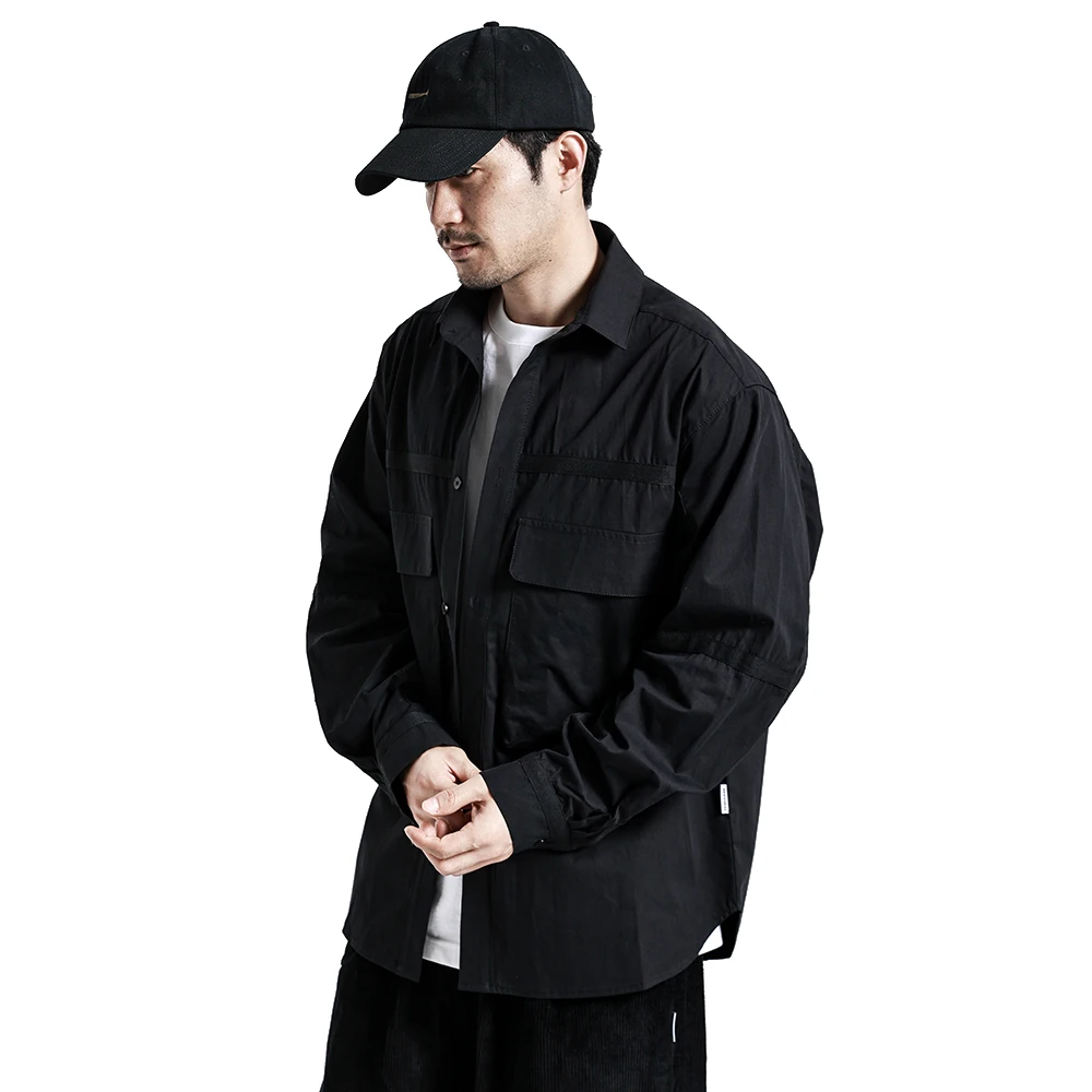 Men's Streetwea Fashion Loose Casual Long Sleeve Pure Cotton Cargo Shirts Cityboy Oversize Work Shirt Coat Outerwear