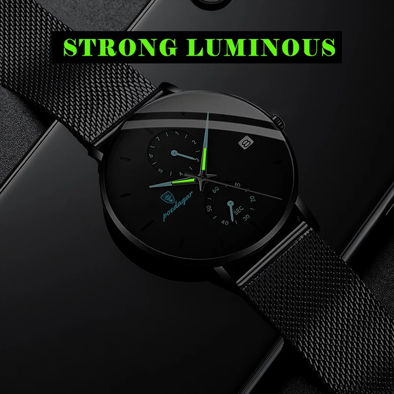 POEDAGAR Fashion Brand Mens Watch Luxury Ultra Thin Waterproof Luminous Quartz Man Wristwatches Business Calendar Gift Clock New