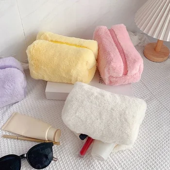Borsa cosmetica grande in tinta unita con cerniera borsa per il trucco in peluche carina per le donne borsa da viaggio per il trucco borsa da toilette custodia per penna in peluche