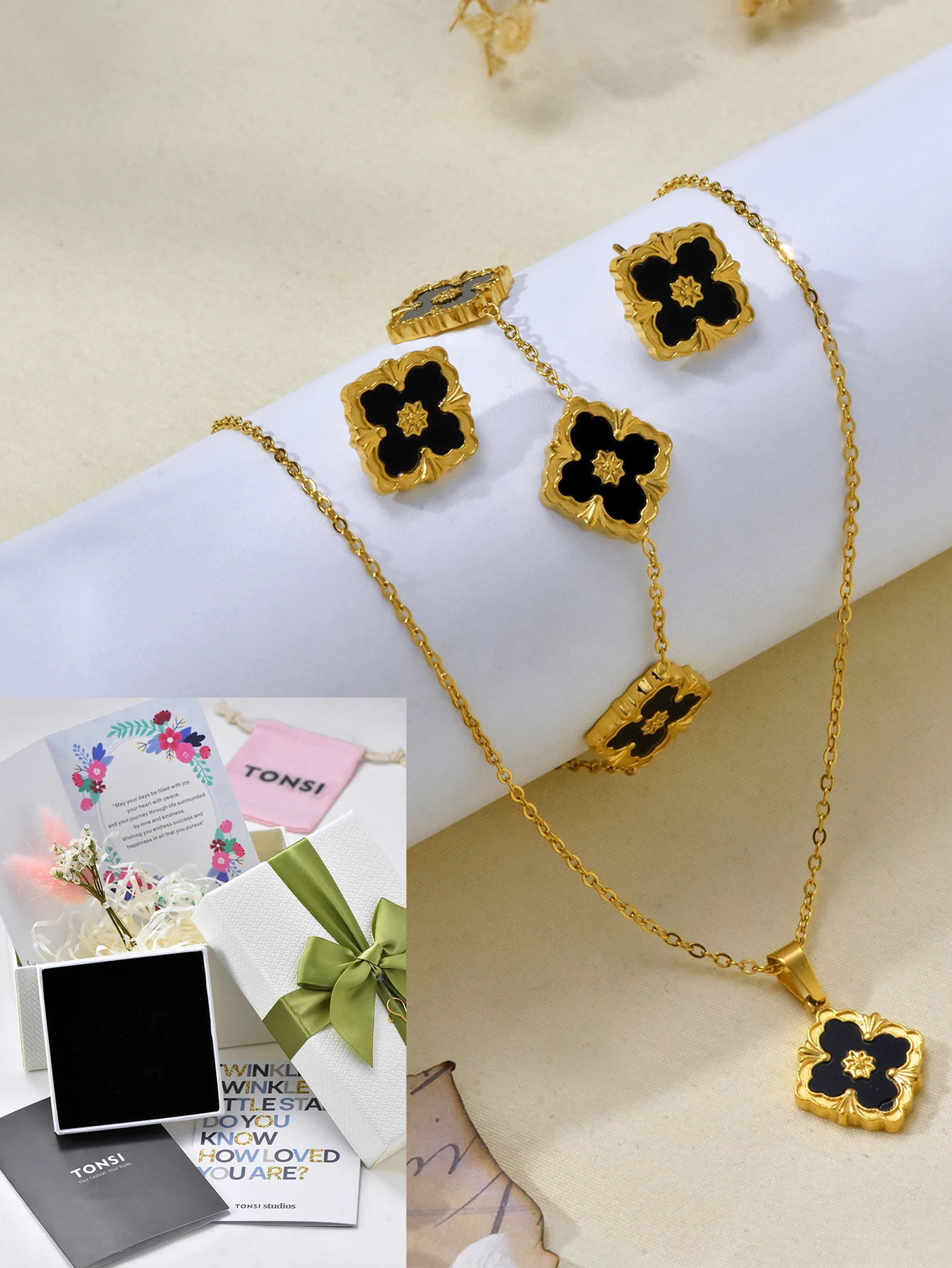 4pcs/set Fashion Stainless Steel Lucky Clover Necklace Bracelet Earrings Valentine's Day, Mother's Day Gift Gift Box Available