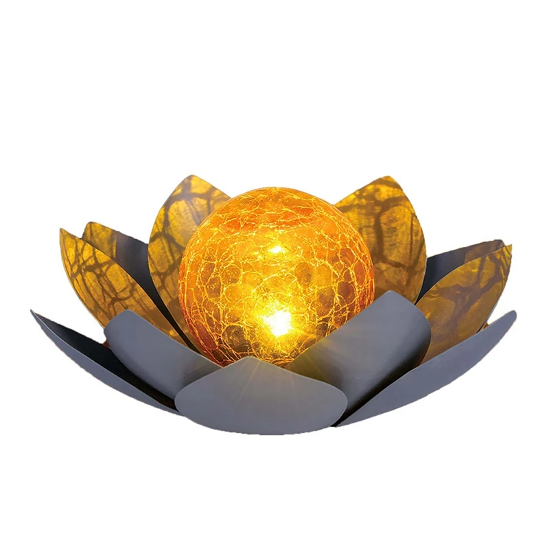 

Solar Lights Outdoor Garden Decor , Amber Crackle Globe Glass Lotus Decoration,Waterproof Gray Metal Flower Light