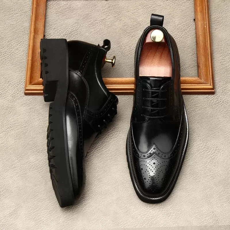 

Genuine Leather Mens Business Dress Thick Sole Shoes Wedding Shoes Lace Up Men Fashion Italian Black Formal oxford Brogues Shoe