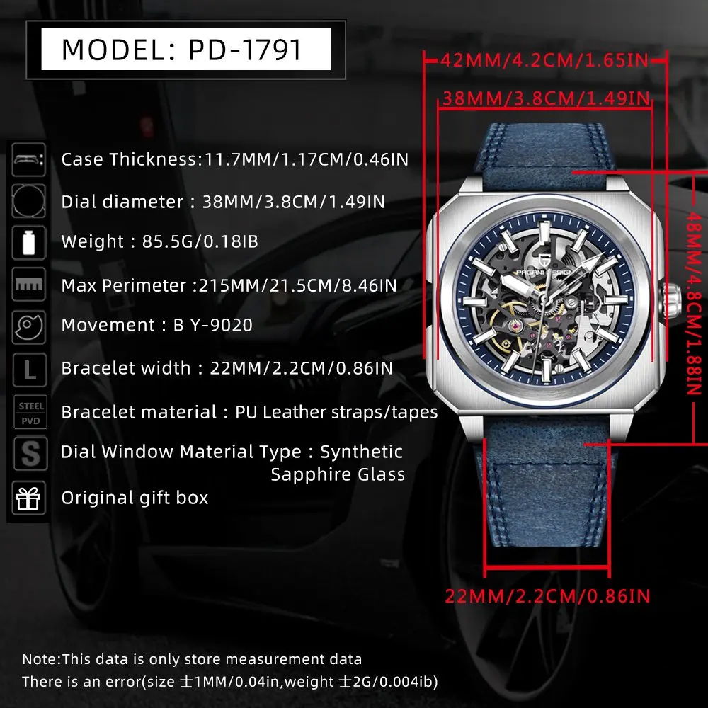 PAGANI DESIGN Men's Watch Stainless Steel Square Hollow Automatic Mechanical Men's Watches Sapphire Mirror Wristwatches For Man